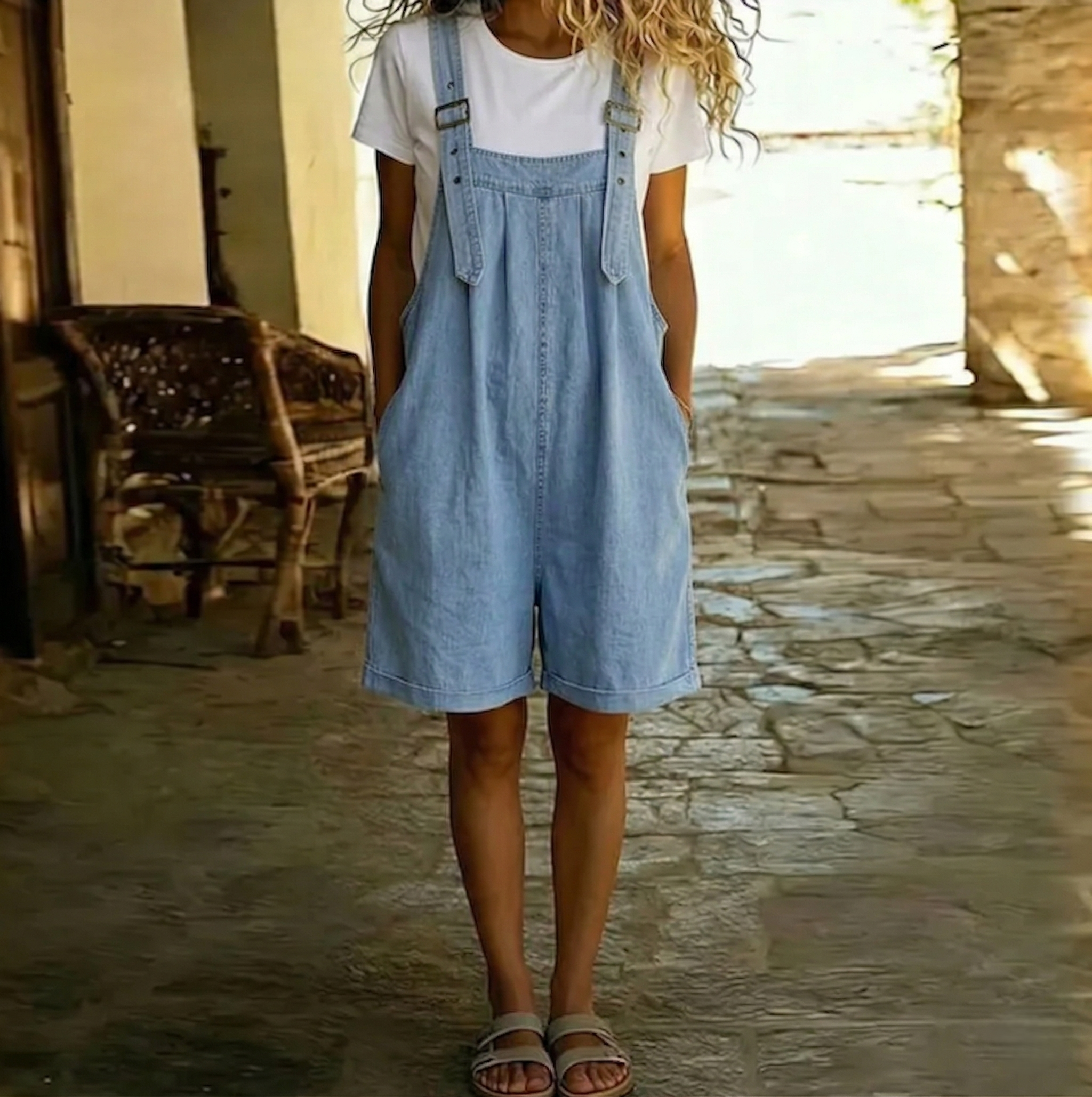 Clara | Világoskék, vintage hatású farmer rövid overál